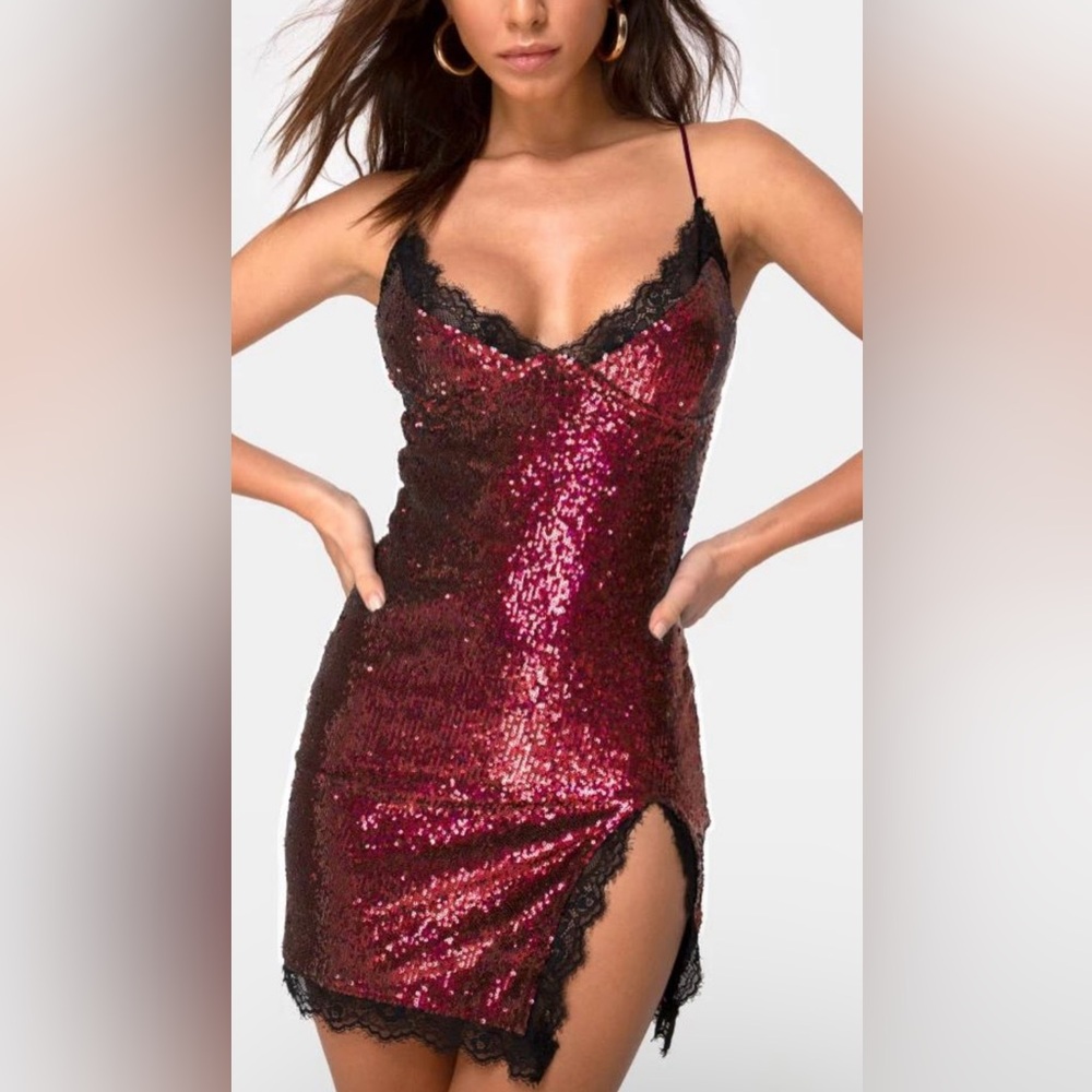 Burgundy Sequin Slit Mini Dress from Urban Outfitters